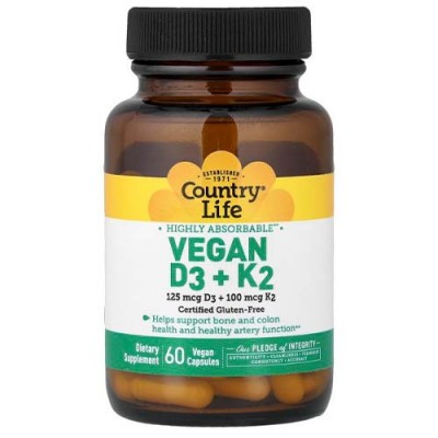 Вітаміни веганські D3+K2 60 капсул ТМ Кантрі Лайф / Country Life 